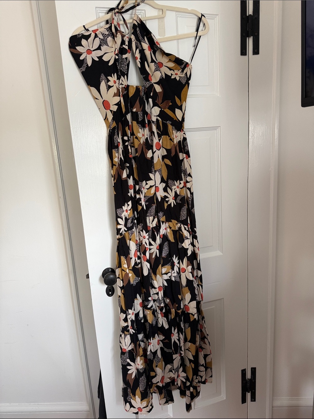Angie Black Floral Tie-Front maxi with White & Rust floral Accents
